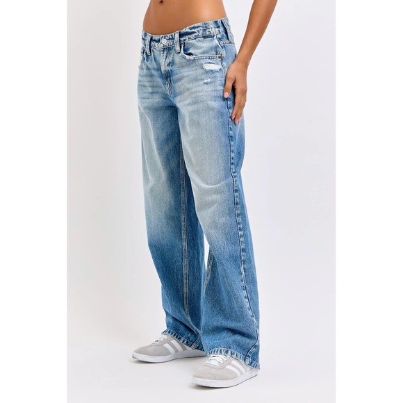 Cello Denim - Cello 13 Jeans Low Baggy 90s Straight Wide Leg Distressed Denim Medium Wash Blue